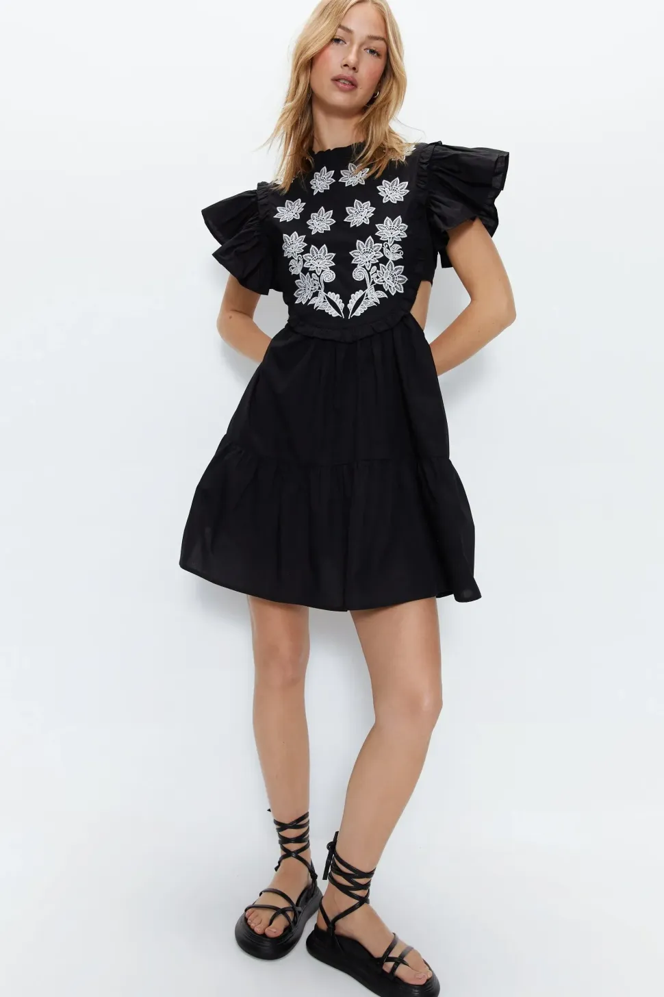 Contrast Embroidery Floral Mini Tunic Dress