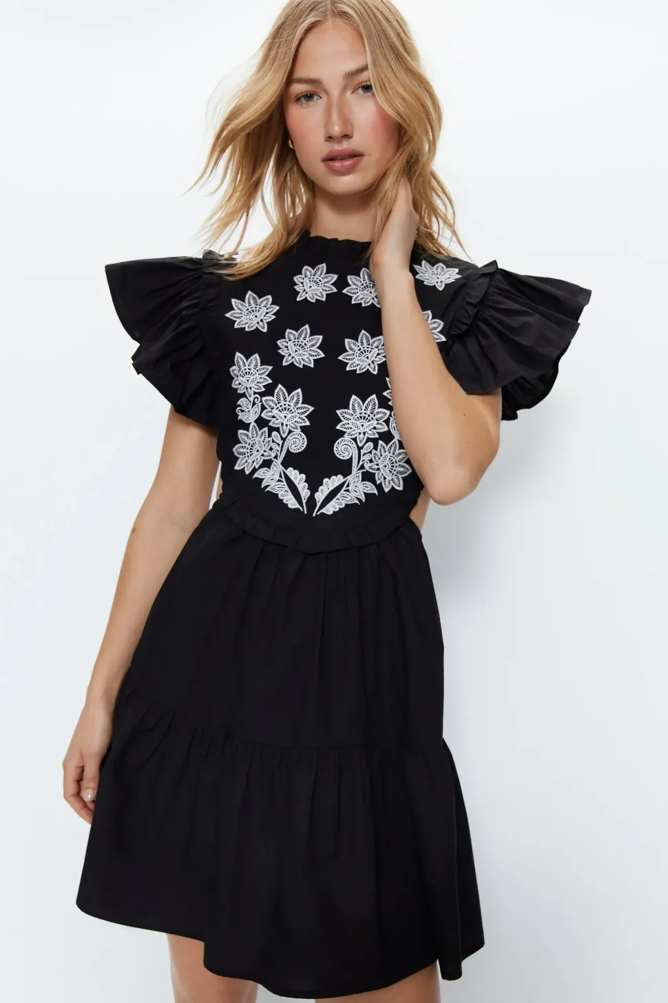 Contrast Embroidery Floral Mini Tunic Dress