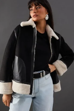 Contrast Faux Fur Lined Shearling Zip Through Coat