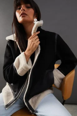 Contrast Faux Fur Lined Shearling Zip Through Coat