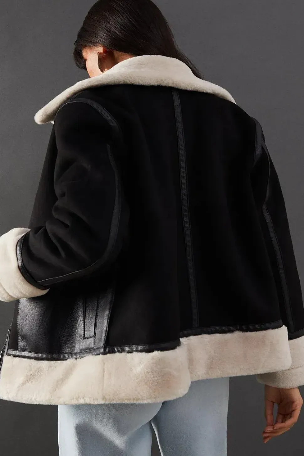 Contrast Faux Fur Lined Shearling Zip Through Coat