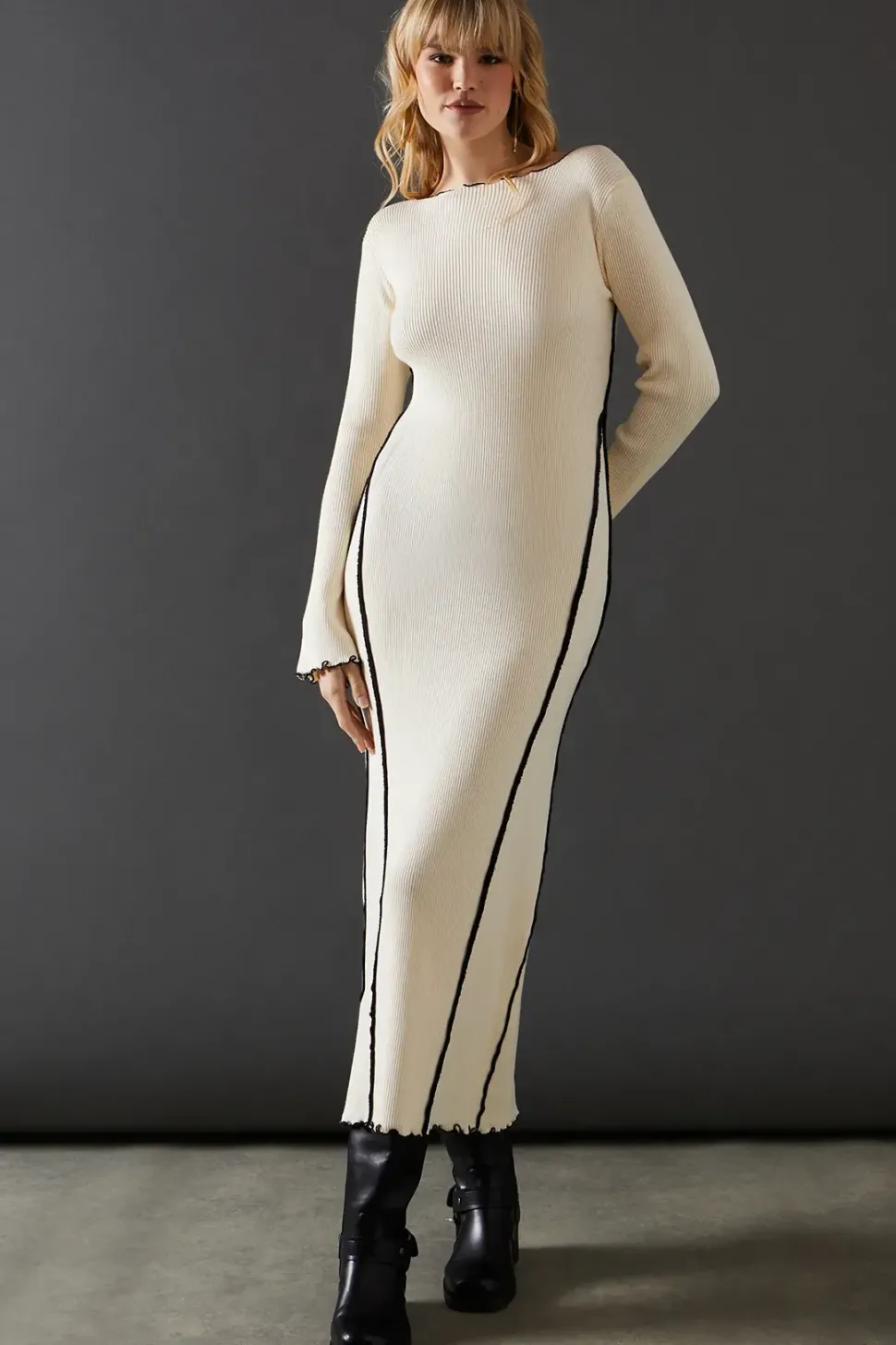 Contrast Frill Edge Rib Maxi Dress