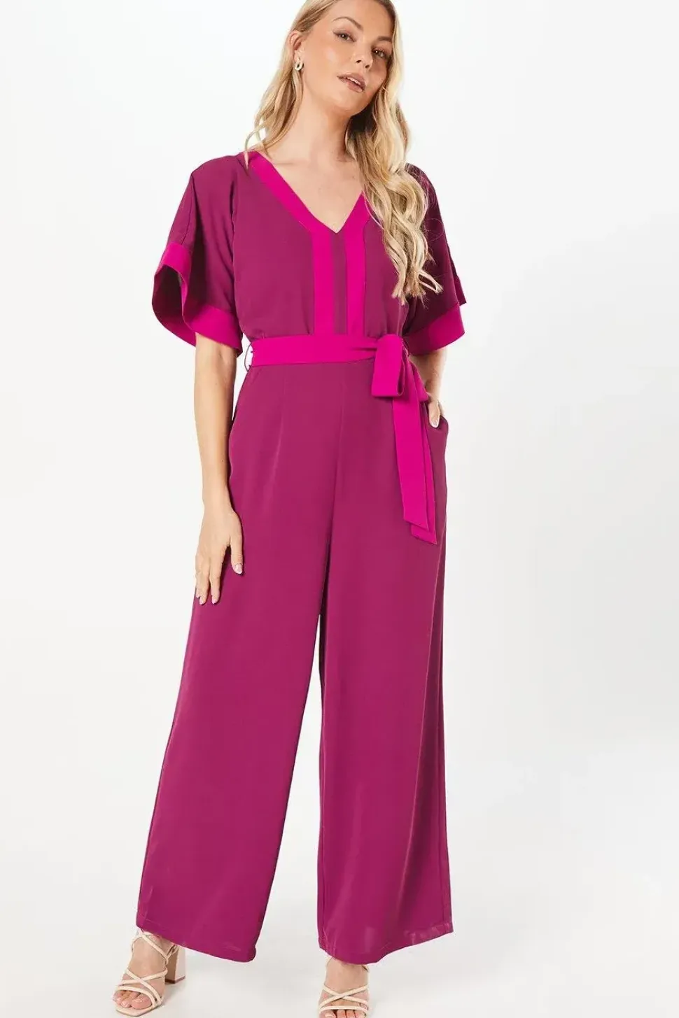 Contrast Kimono Sleeve Belted Jumpsuit