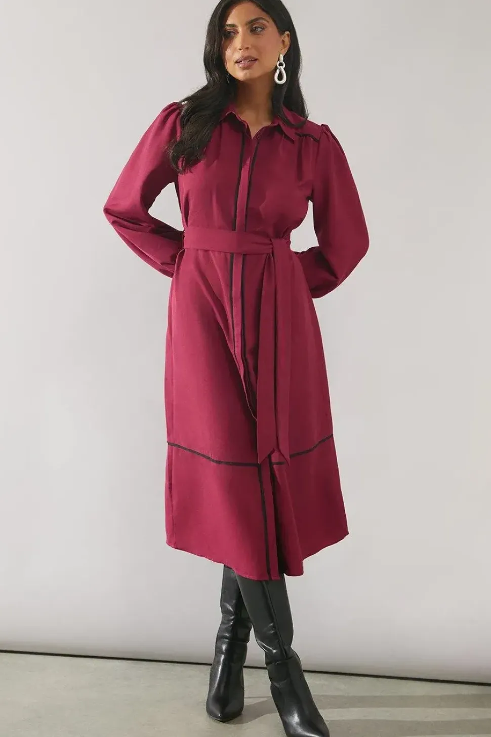 Contrast Piping Tie Waist Shirt Dress