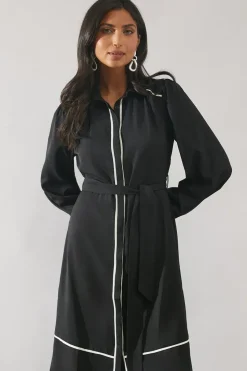Contrast Piping Tie Waist Shirt Dress