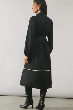 Contrast Piping Tie Waist Shirt Dress