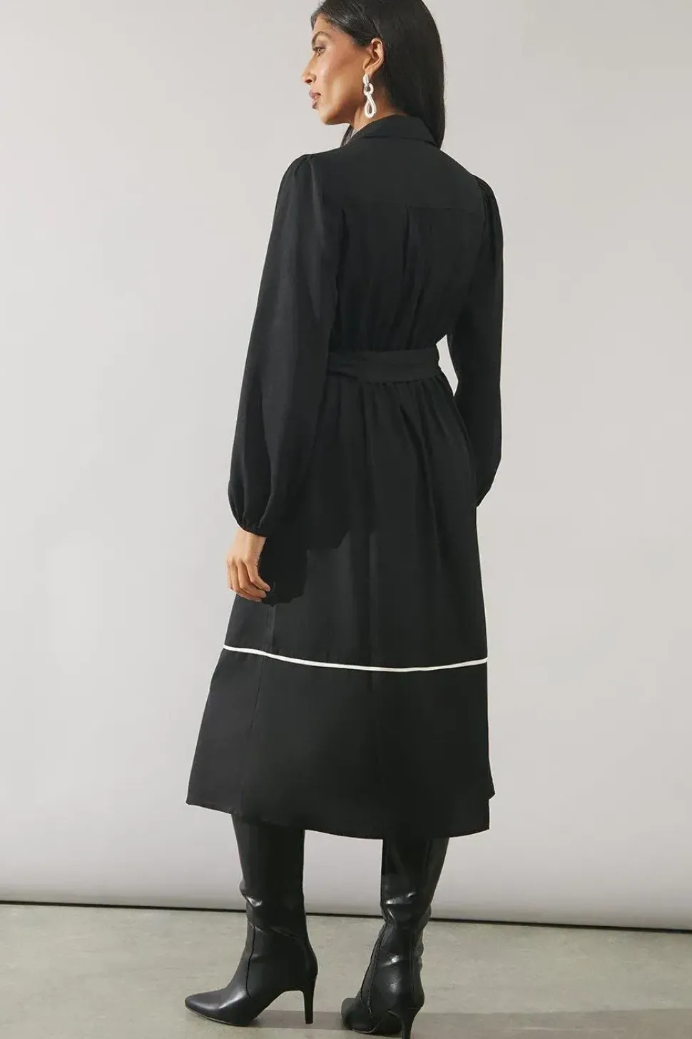 Contrast Piping Tie Waist Shirt Dress