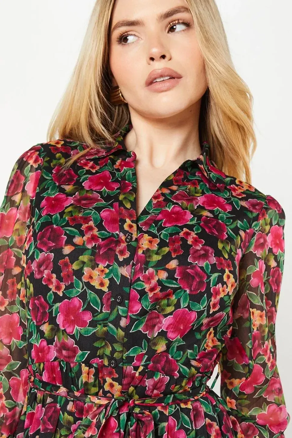 Contrast Pleated Ruffle Hem Chiffon Shirt Dress