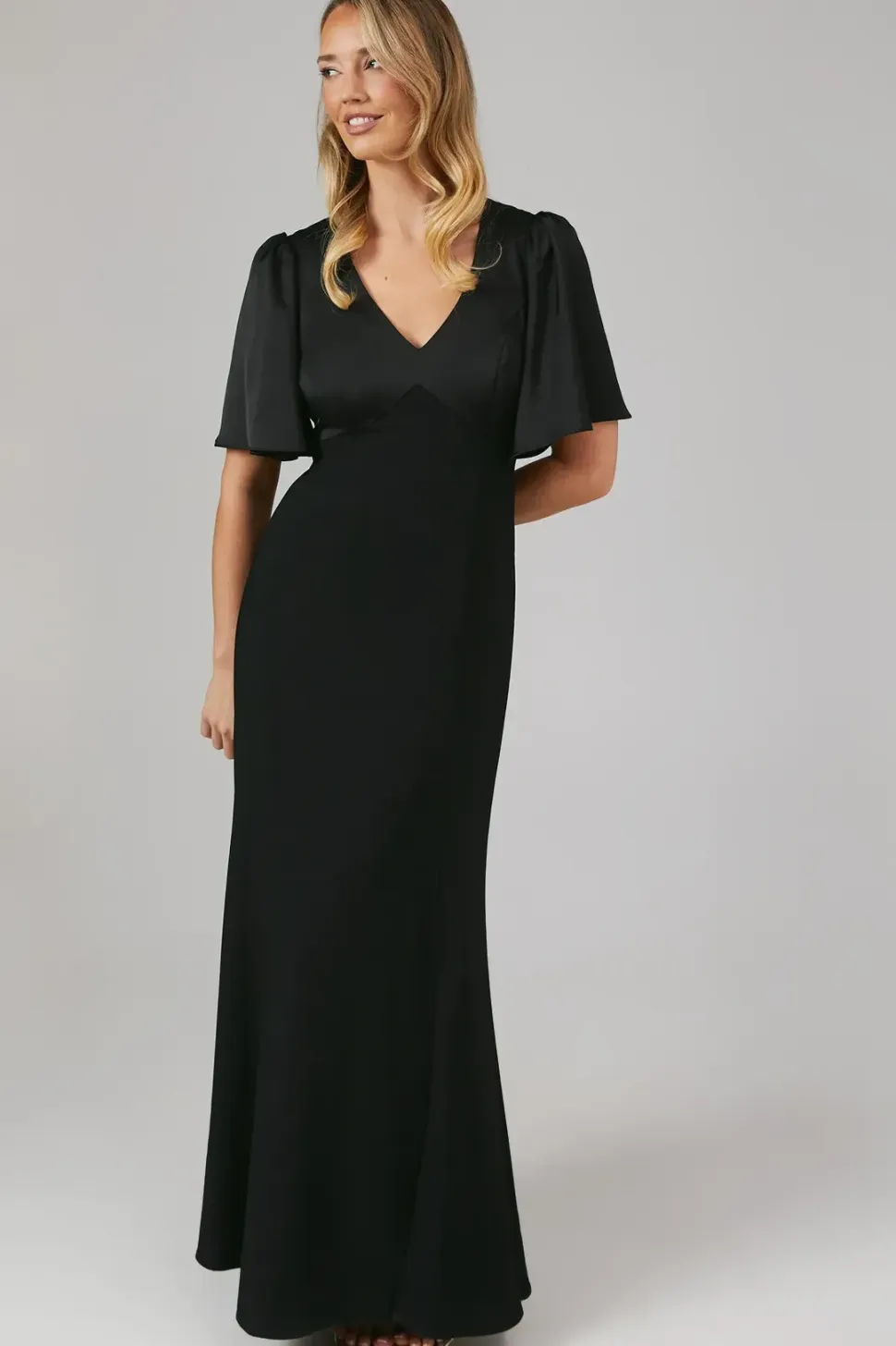 Contrast Satin Angel Sleeve Open Back Bridesmaid Dress