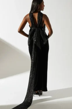 Contrast Sequin Cross Neck Bow Velvet Black Maxi Dress