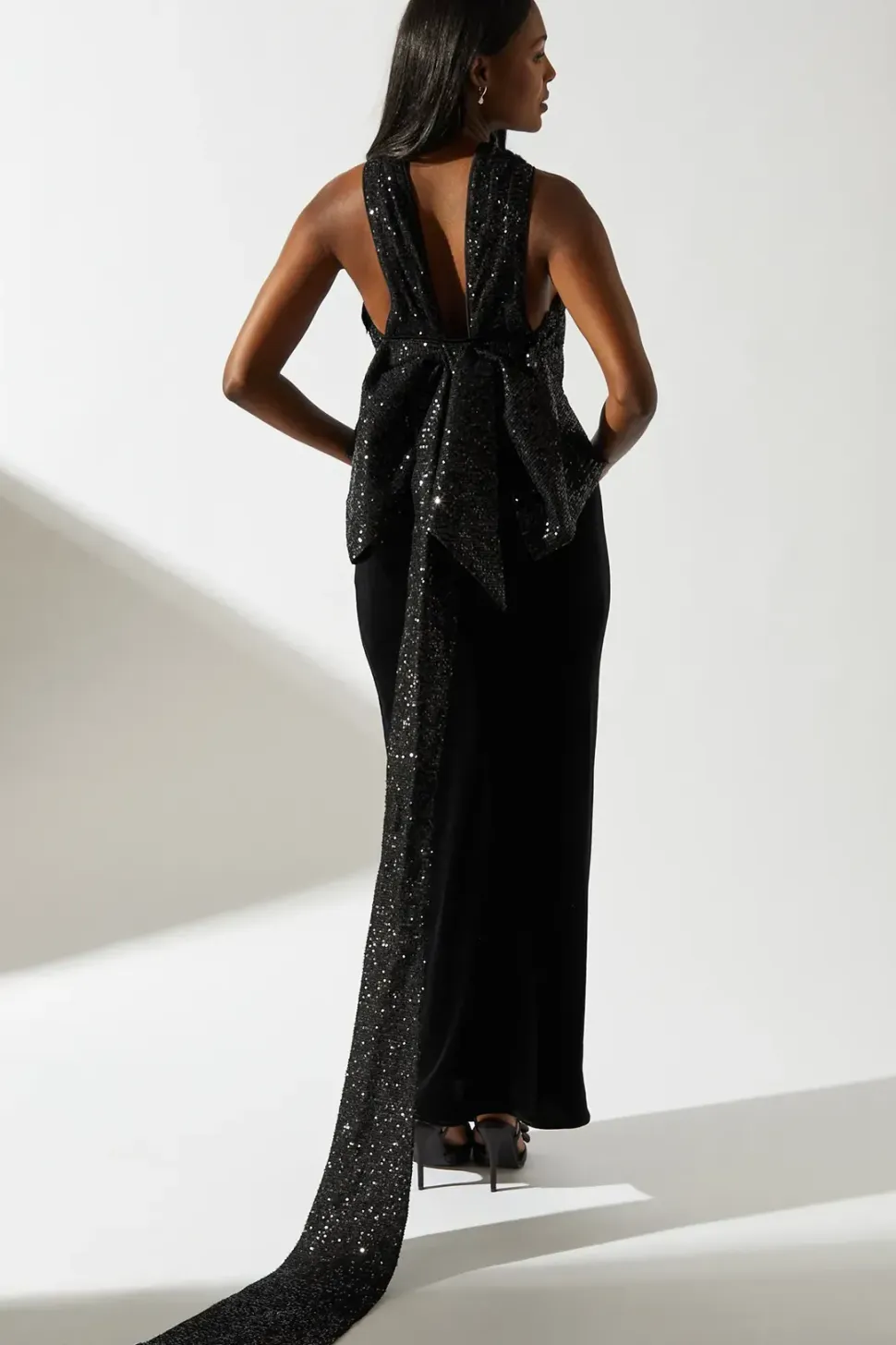Contrast Sequin Cross Neck Bow Velvet Black Maxi Dress