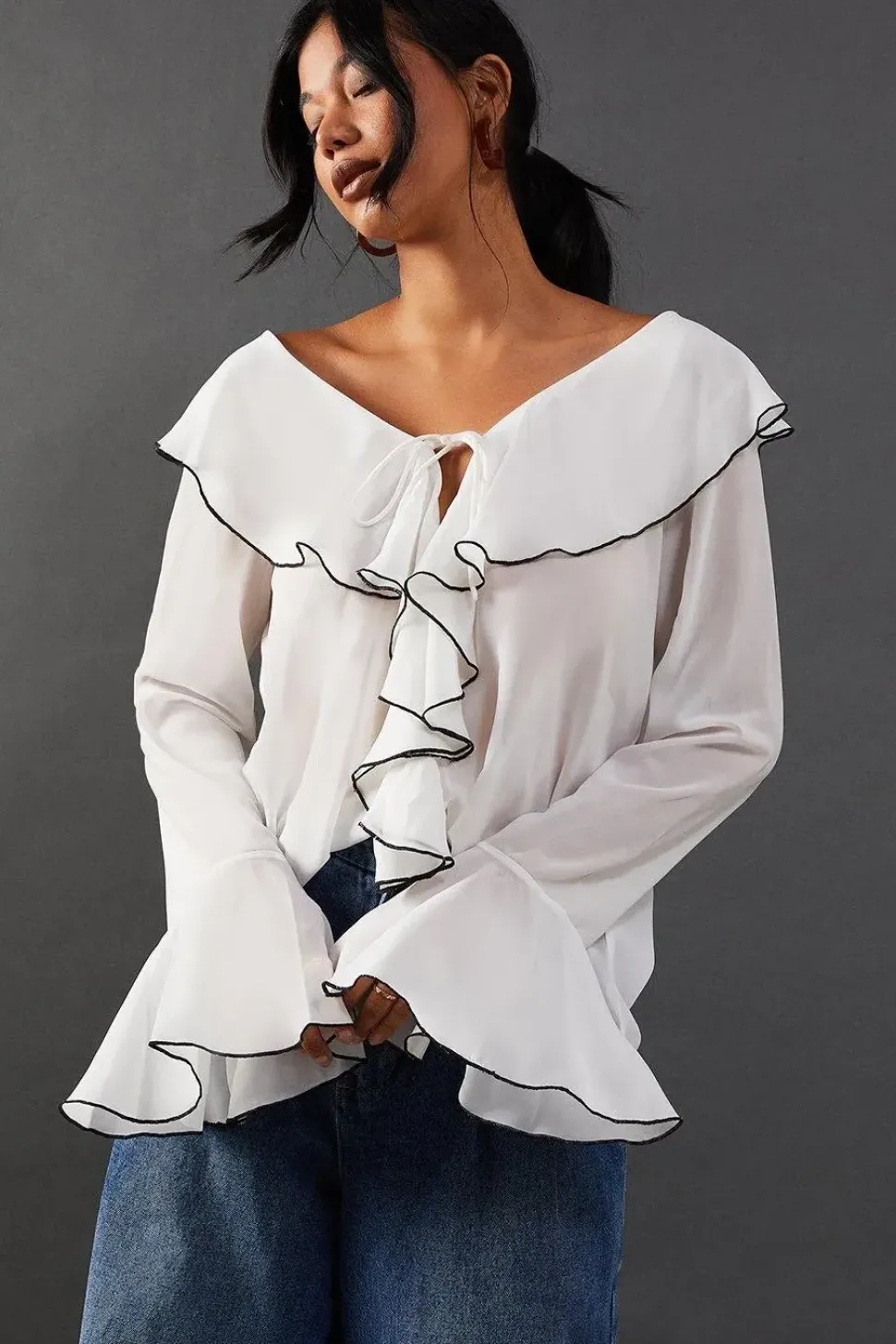 Contrast Stitch Ruffle Flared Sleeve Blouse