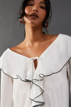 Contrast Stitch Ruffle Flared Sleeve Blouse