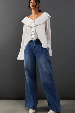 Contrast Stitch Ruffle Flared Sleeve Blouse