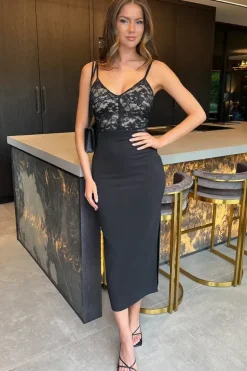 Contrast Strappy Lace Top Bodycon Midi Dress