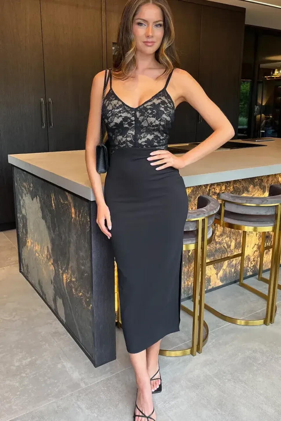 Contrast Strappy Lace Top Bodycon Midi Dress