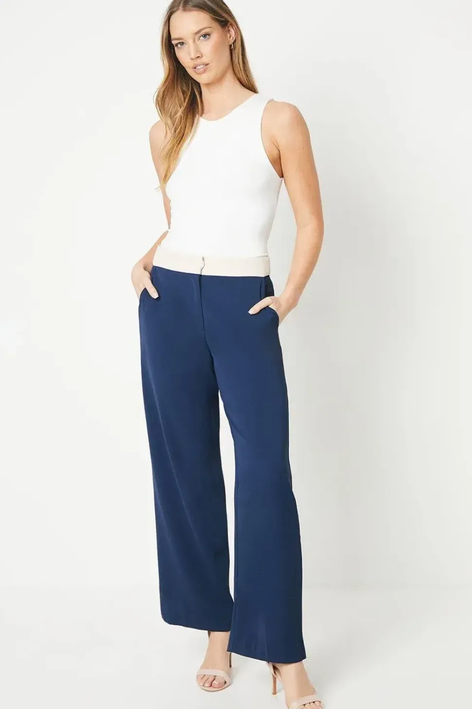 Contrast Waistband Wide Leg Trouser