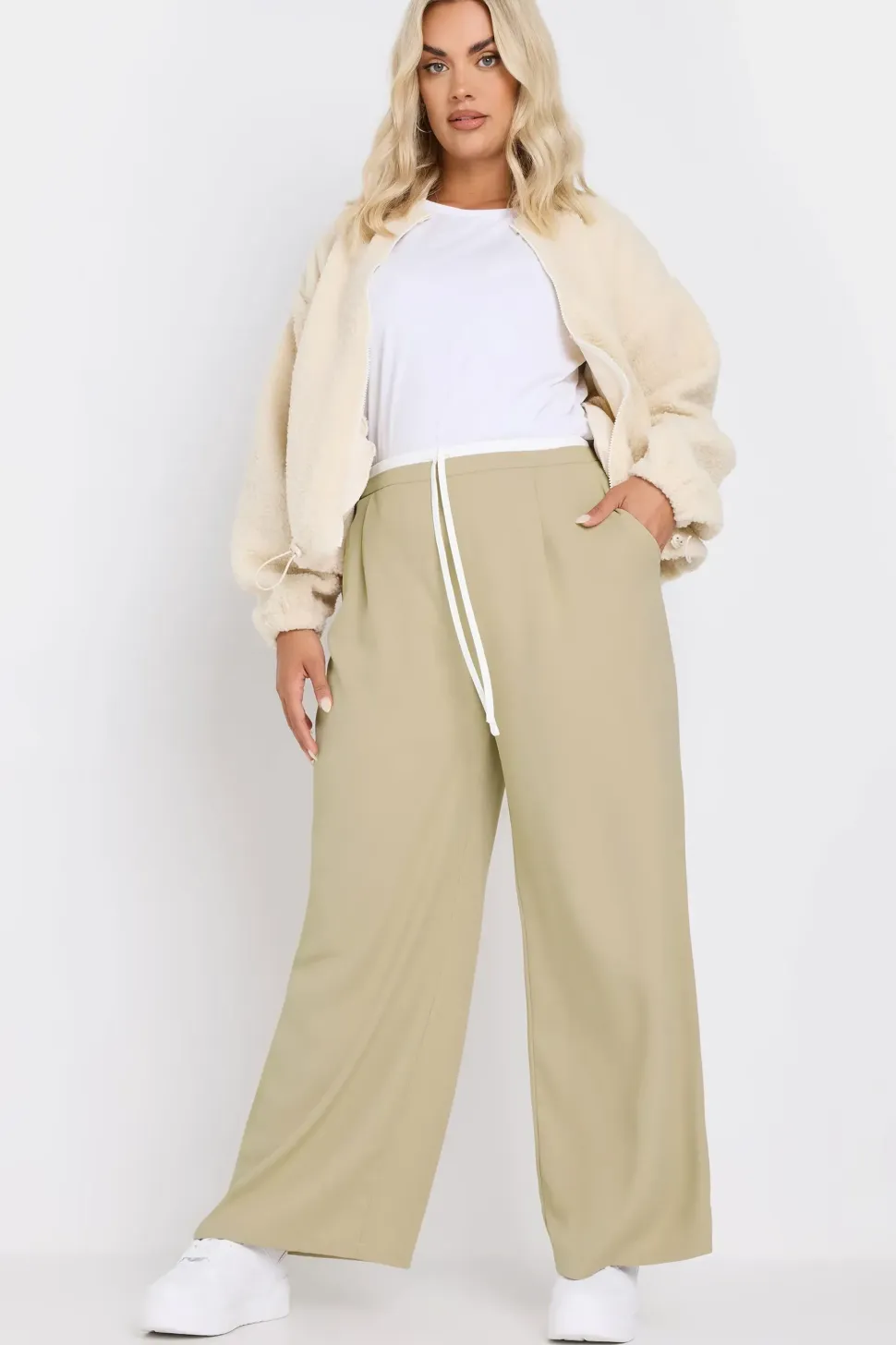 Contrast Waist Wide Leg Trousers