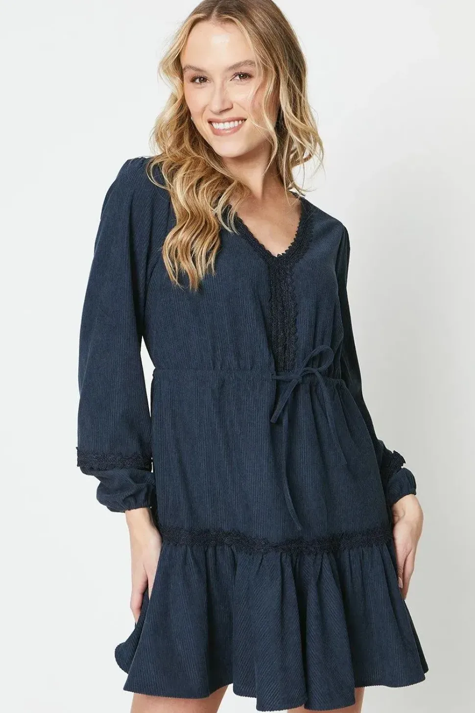 Cord Drawstring Lace Trim Mini Dress