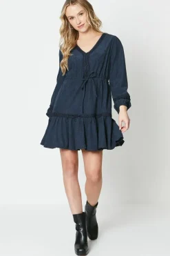Cord Drawstring Lace Trim Mini Dress