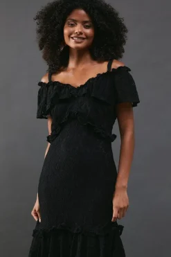 Corded Lace Ruffle Fallen Shoulder Midi Dress