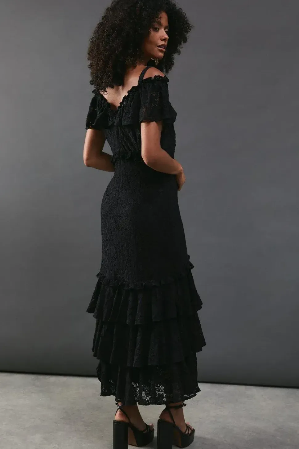 Corded Lace Ruffle Fallen Shoulder Midi Dress