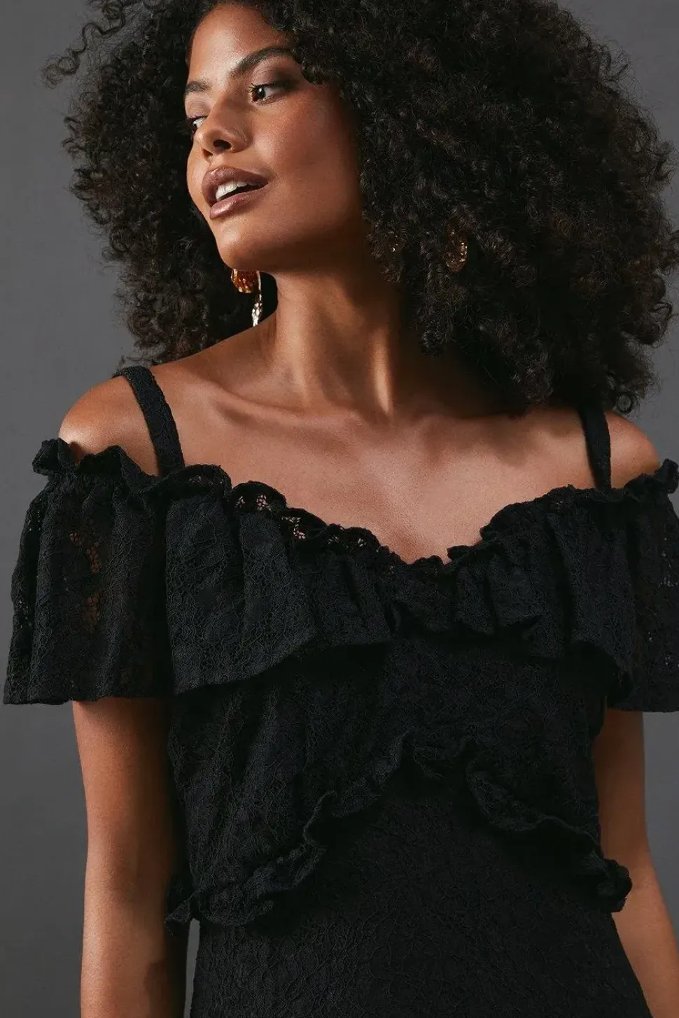 Corded Lace Ruffle Fallen Shoulder Midi Dress
