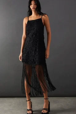 Corded Lace Strappy Fringe Hem Mini Dress