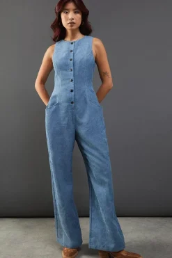 Cord Fitted Button Sleeveless Jumpsuit