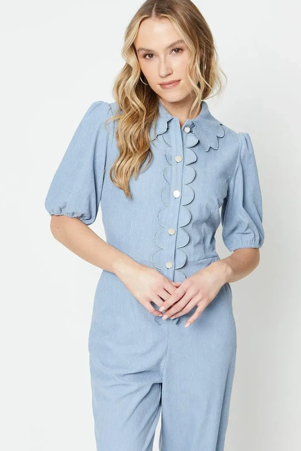 Cord Scallop Edge Collared Jumpsuit