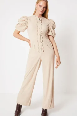 Cord Scallop Edge Puff Sleeve  Jumpsuit
