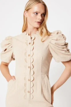 Cord Scallop Edge Puff Sleeve  Jumpsuit