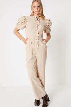 Cord Scallop Edge Puff Sleeve Jumpsuit