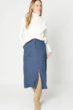 Cord Split Front Midi Skirt