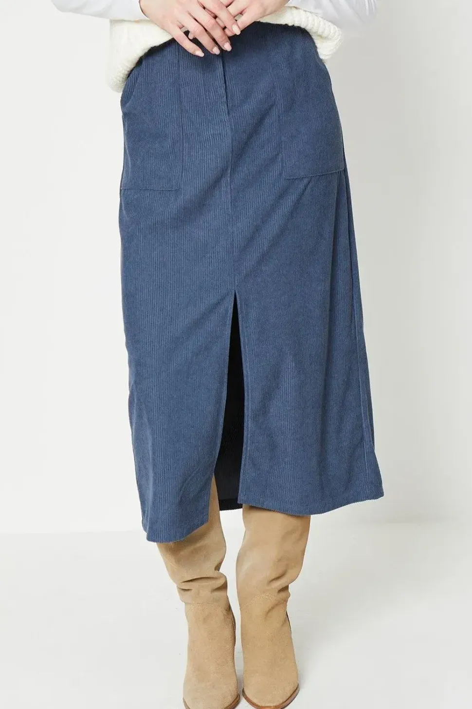 Cord Split Front Midi Skirt