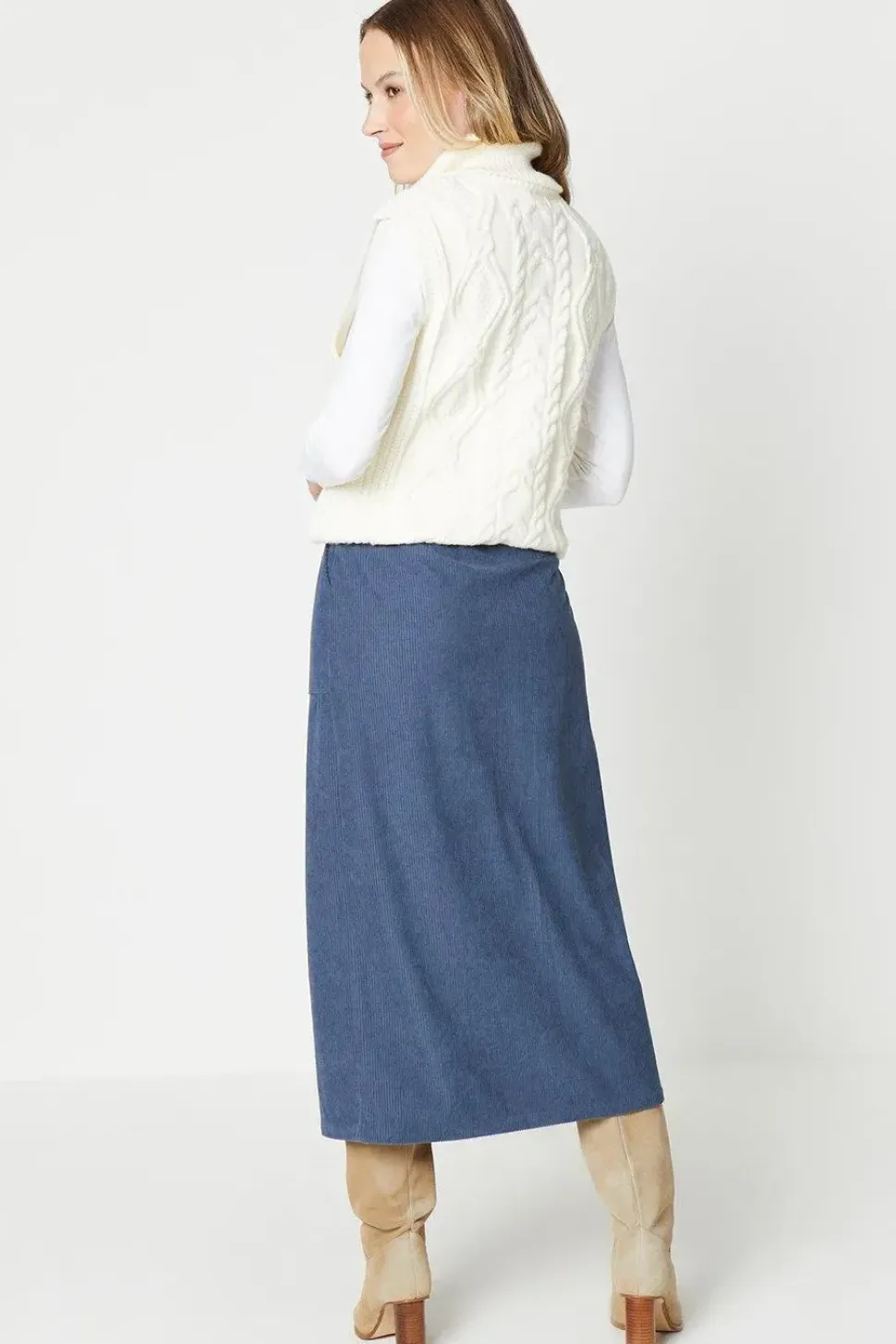 Cord Split Front Midi Skirt