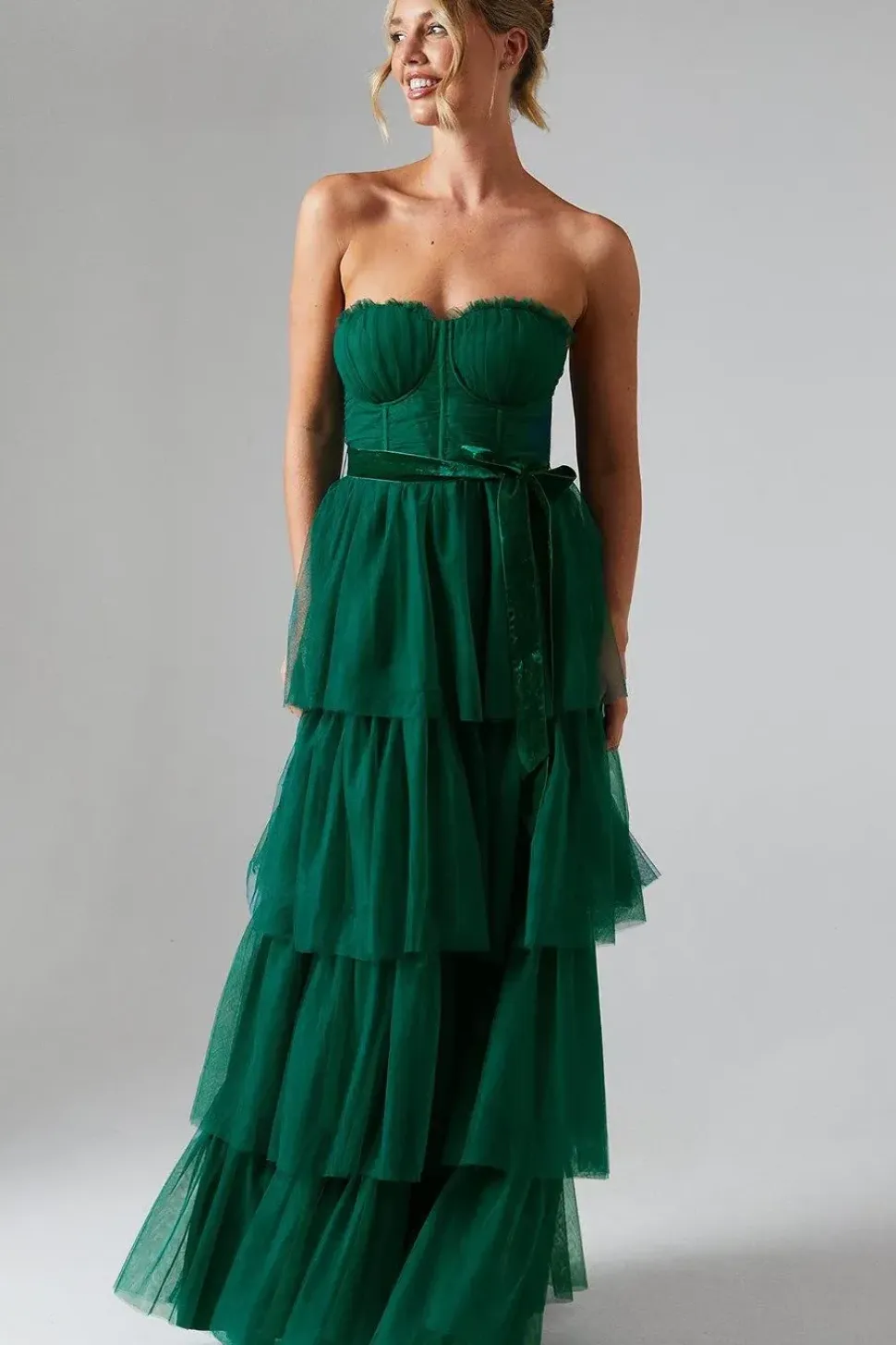 Corset Bodice Tiered Tulle Skirt Maxi Dress