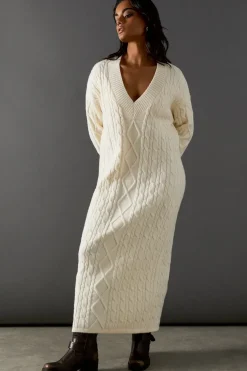 Cosy Cable Knit V Neck Maxi Jumper Dress