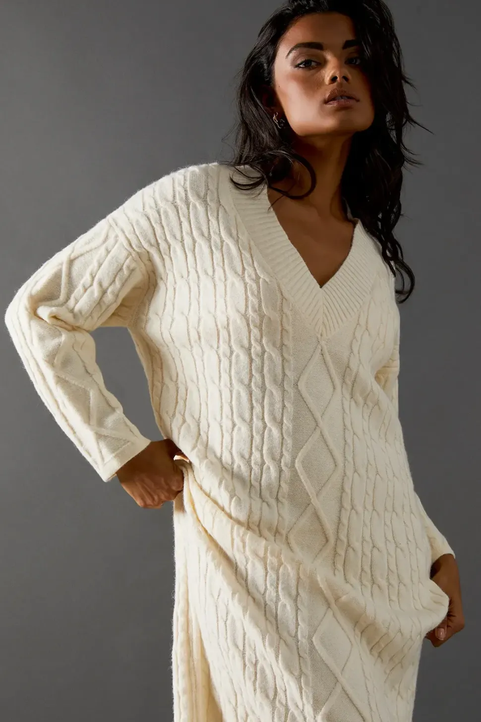 Cosy Cable Knit V Neck Maxi Jumper Dress