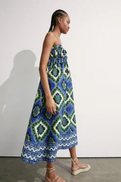 Cotton Border Print Strappy Maxi Dress