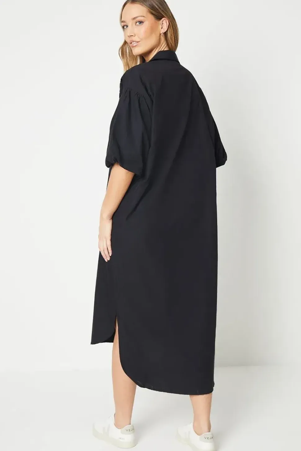 Cotton Cutwork Detail Puff Sleeve Midi Shirt Dress