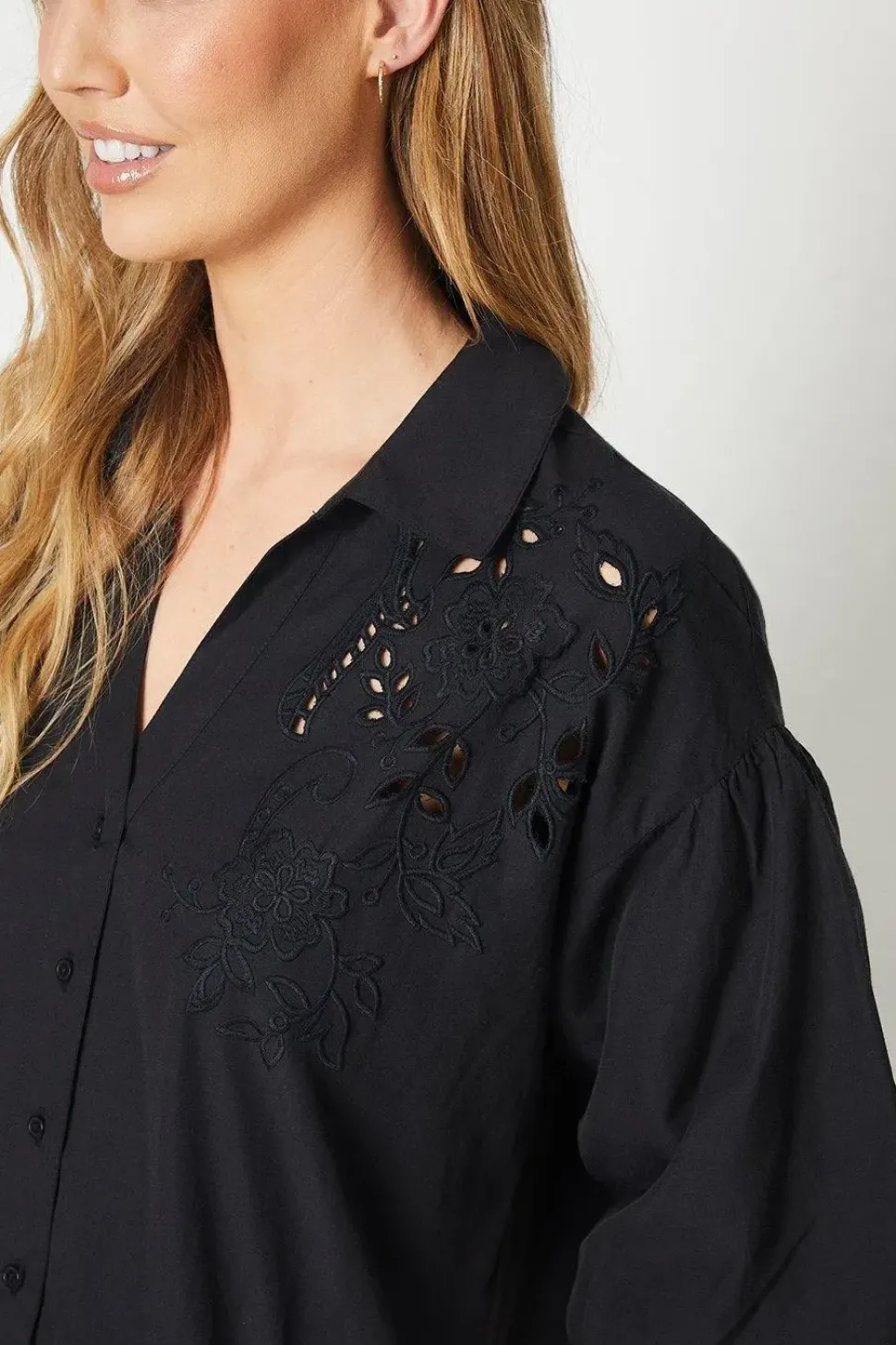 Cotton Cutwork Detail Puff Sleeve Midi Shirt Dress