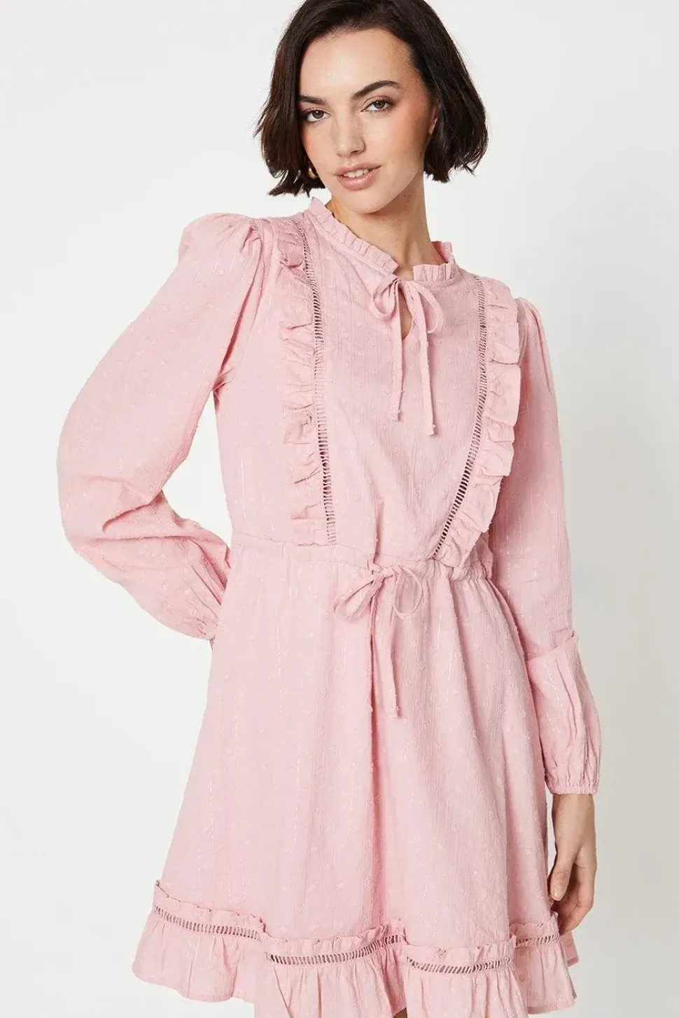 Cotton Dobby Ruffle Tie Waist Mini Dress