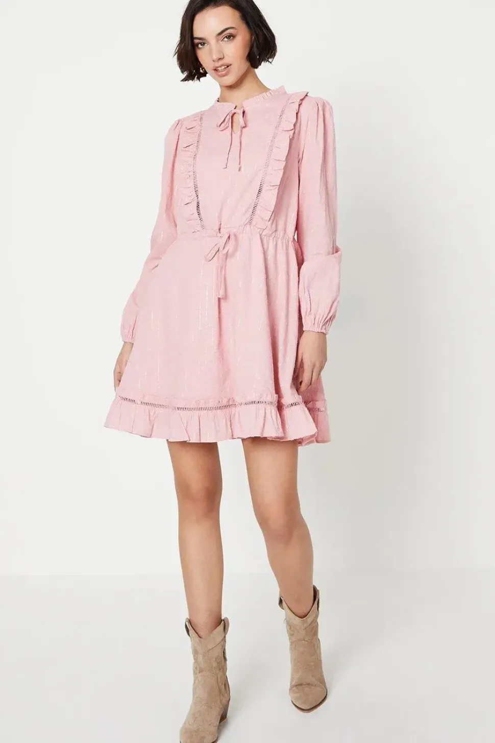 Cotton Dobby Ruffle Tie Waist Mini Dress