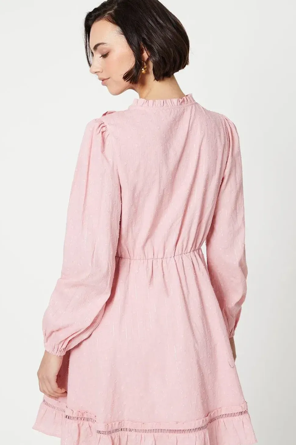 Cotton Dobby Ruffle Tie Waist Mini Dress