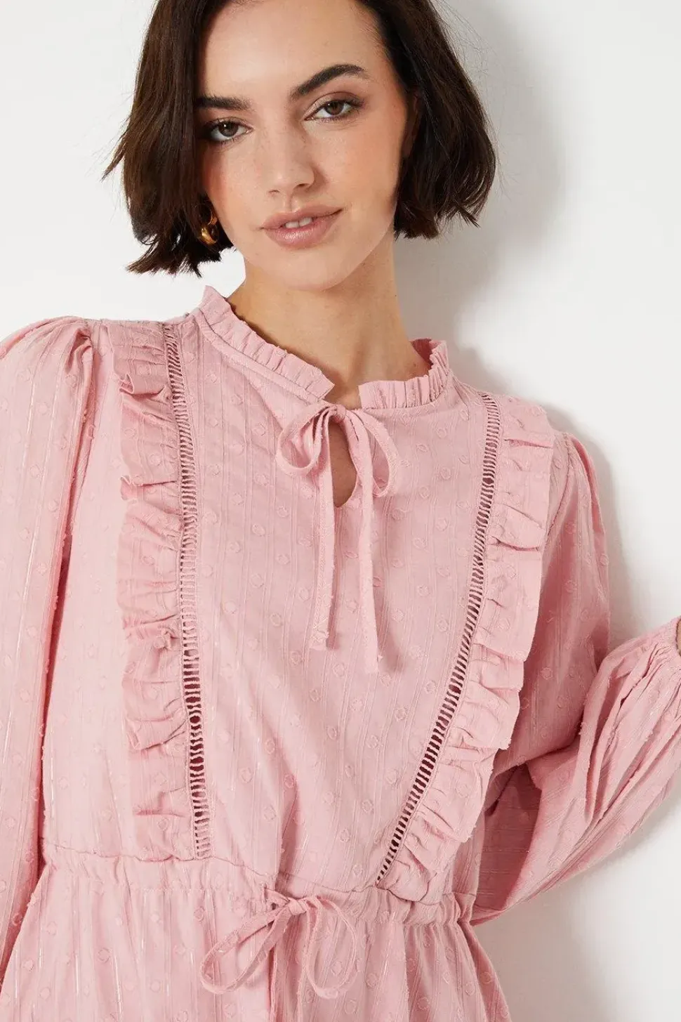 Cotton Dobby Ruffle Tie Waist Mini Dress