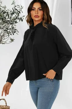 Cotton Frill High Neck Long Sleeve Blouse In Black