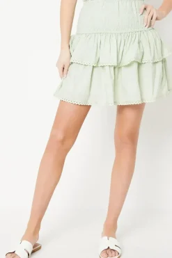 Cotton Lace Trim Shirred Tiered Mini Skirt