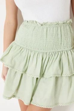 Cotton Lace Trim Shirred Tiered Mini Skirt