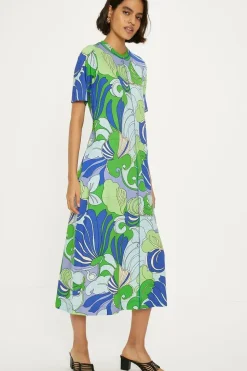 Cotton Leafy Floral Seam Detail Midi Trapeze Dress
